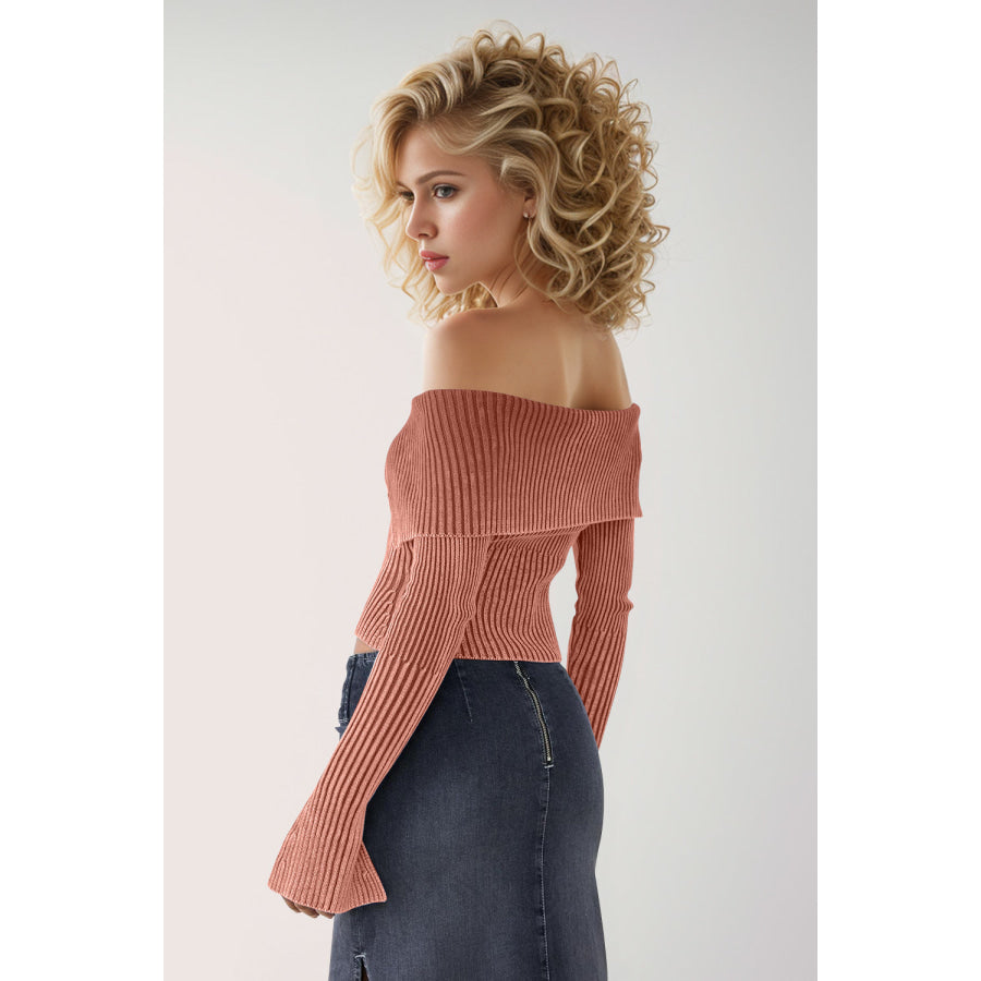 Double Take Ribbed Off-Shoulder Zip Up Long Sleeve Cardigan Apparel and Accessories