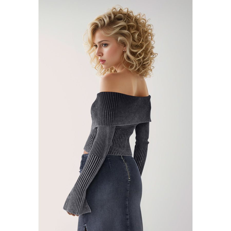 Double Take Ribbed Off-Shoulder Zip Up Long Sleeve Cardigan Black / S Apparel and Accessories