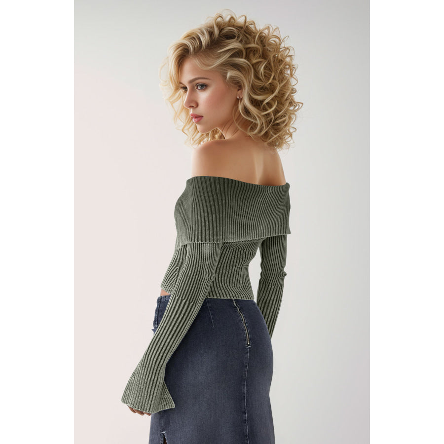 Double Take Ribbed Off-Shoulder Zip Up Long Sleeve Cardigan Apparel and Accessories