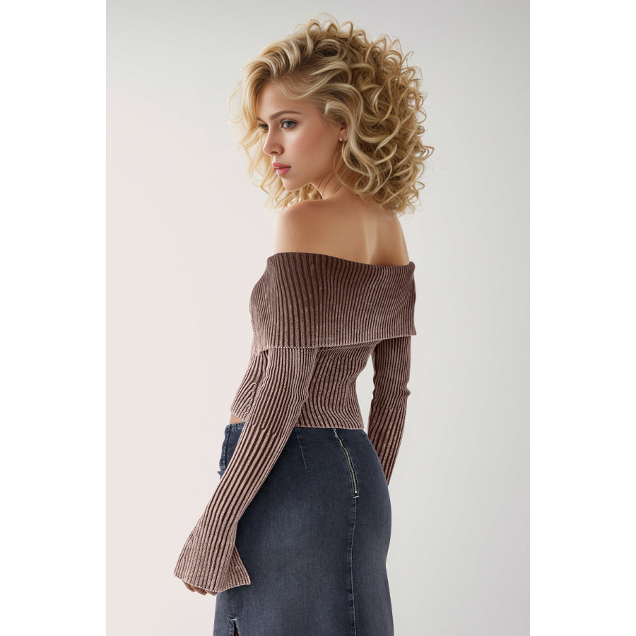 Double Take Ribbed Off-Shoulder Zip Up Long Sleeve Cardigan Apparel and Accessories