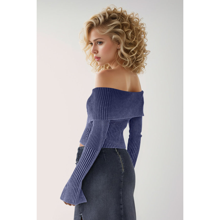 Double Take Ribbed Off-Shoulder Zip Up Long Sleeve Cardigan Apparel and Accessories