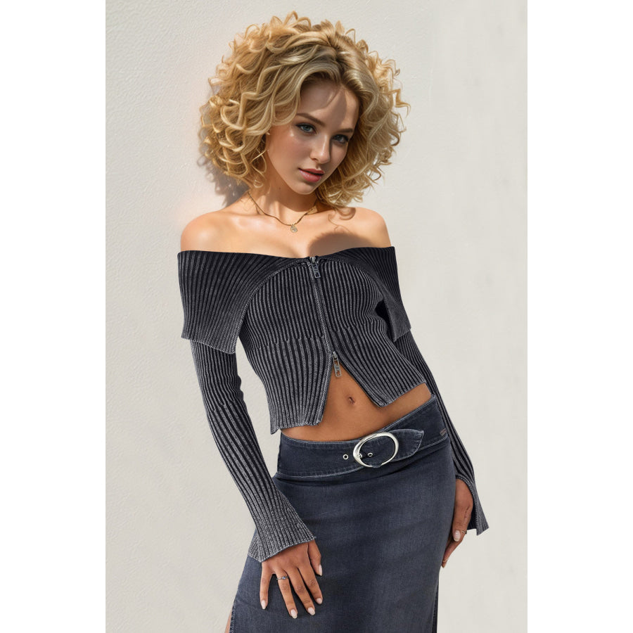 Double Take Ribbed Off-Shoulder Zip Up Long Sleeve Cardigan Black / S Apparel and Accessories