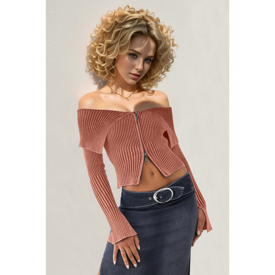 Double Take Ribbed Off-Shoulder Zip Up Long Sleeve Cardigan Caramel / S Apparel and Accessories