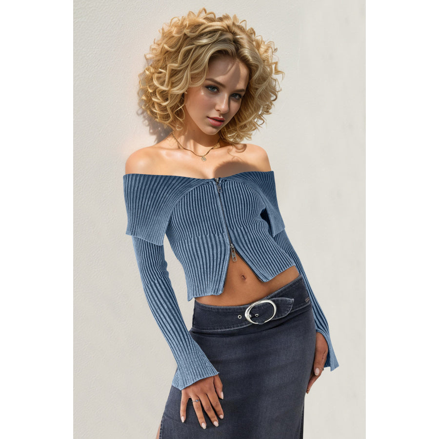 Double Take Ribbed Off-Shoulder Zip Up Long Sleeve Cardigan French Blue / S Apparel and Accessories