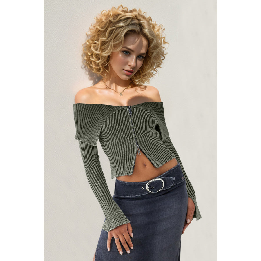 Double Take Ribbed Off-Shoulder Zip Up Long Sleeve Cardigan Matcha Green / S Apparel and Accessories