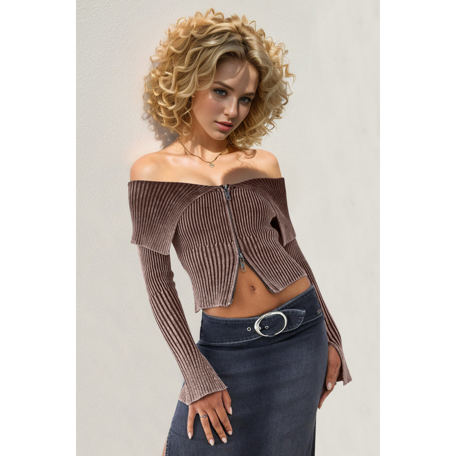 Double Take Ribbed Off-Shoulder Zip Up Long Sleeve Cardigan Taupe / S Apparel and Accessories