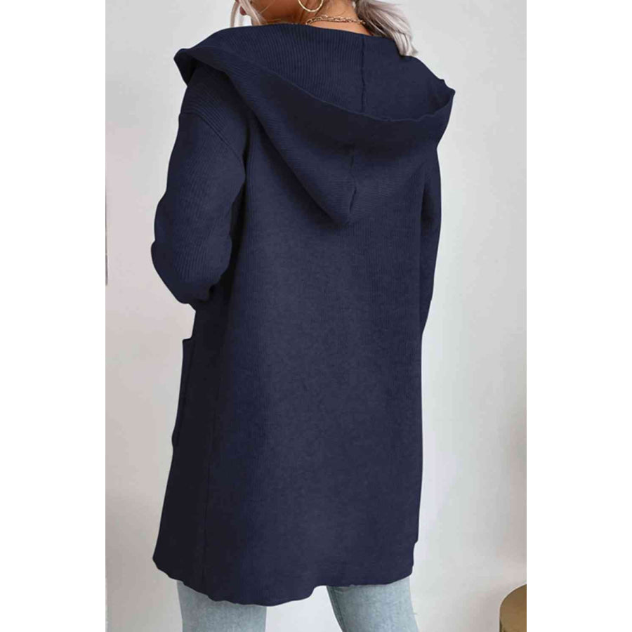 Double Take Ribbed Open Front Hooded Cardigan with Pockets Navy / S Apparel and Accessories