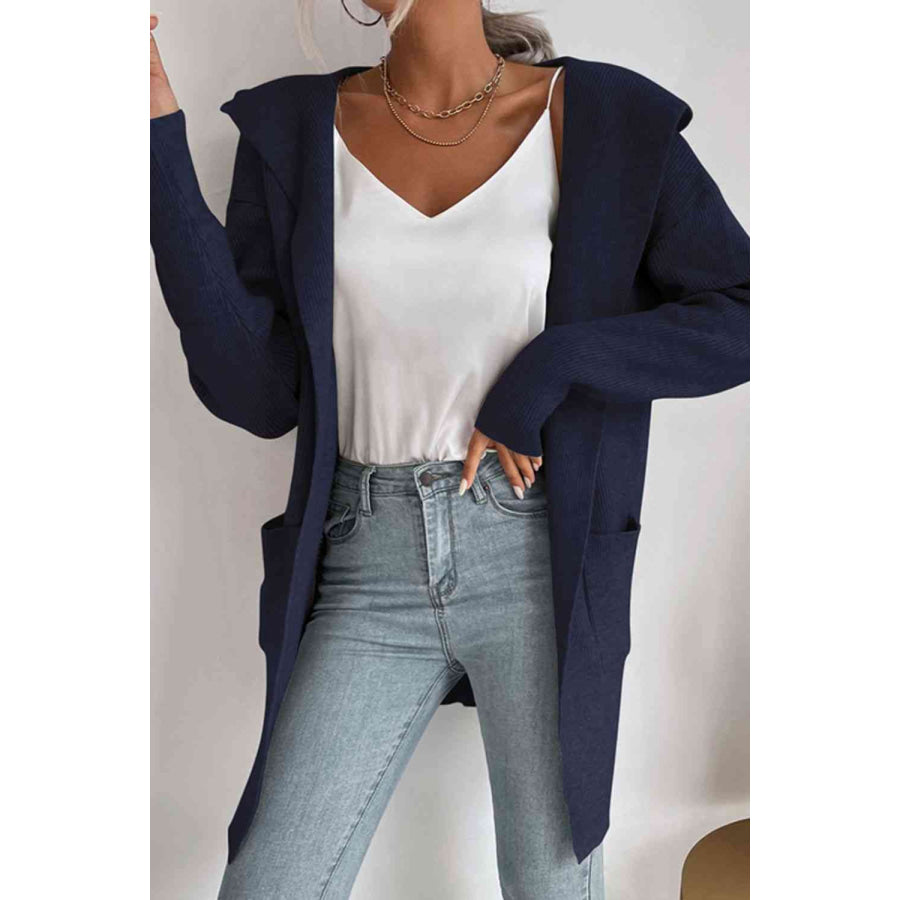 Double Take Ribbed Open Front Hooded Cardigan with Pockets Apparel and Accessories