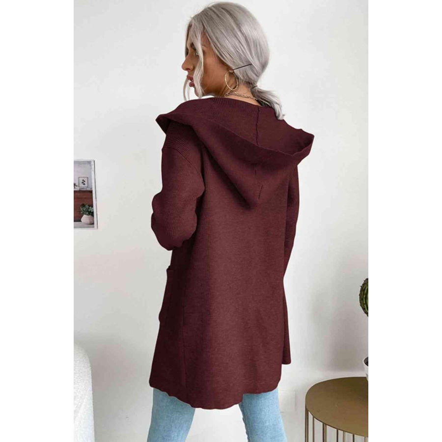 Double Take Ribbed Open Front Hooded Cardigan with Pockets Apparel and Accessories