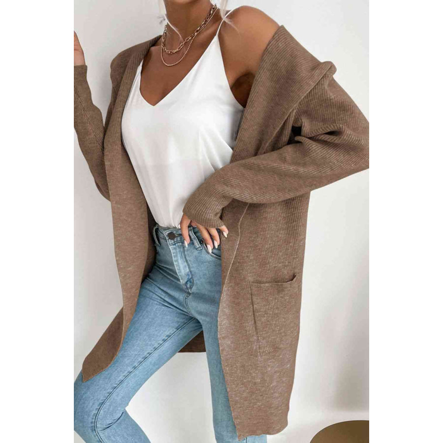 Double Take Ribbed Open Front Hooded Cardigan with Pockets Apparel and Accessories