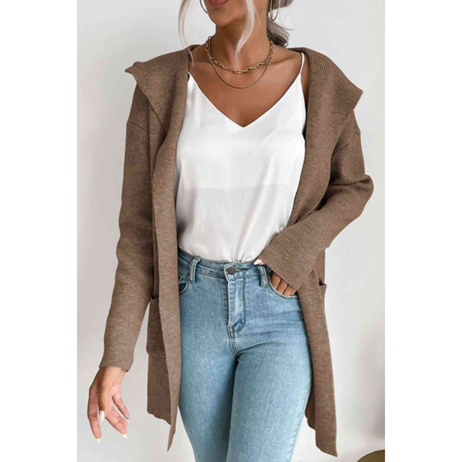 Double Take Ribbed Open Front Hooded Cardigan with Pockets Camel / S Apparel and Accessories