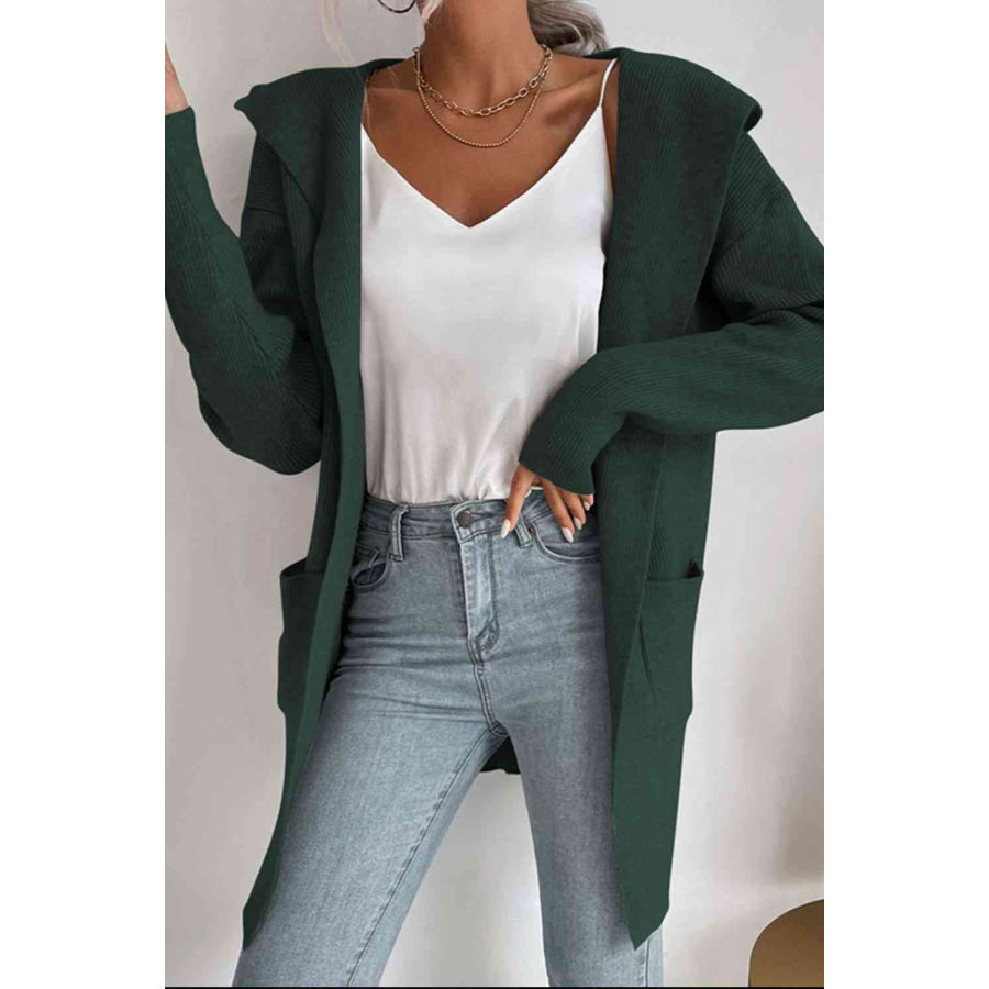 Double Take Ribbed Open Front Hooded Cardigan with Pockets Green / S Apparel and Accessories