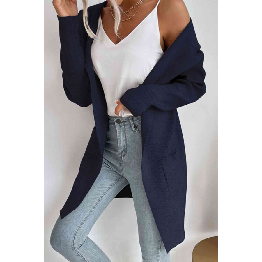 Double Take Ribbed Open Front Hooded Cardigan with Pockets Navy / S Apparel and Accessories