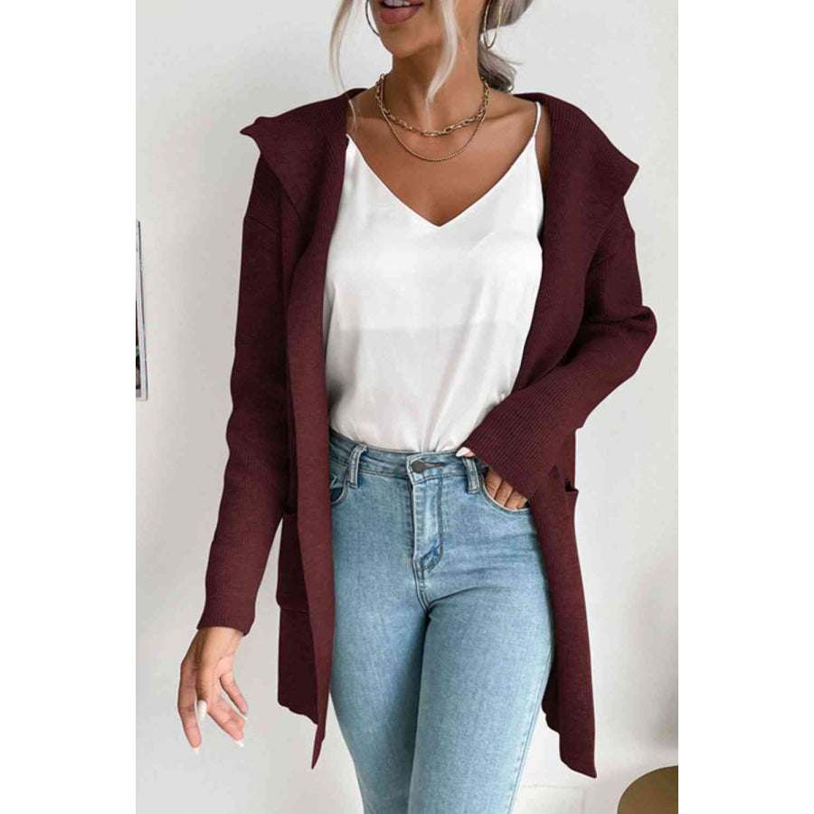 Double Take Ribbed Open Front Hooded Cardigan with Pockets Wine / S Apparel and Accessories