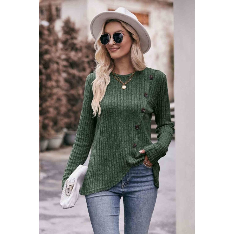 Double Take Ribbed Round Neck Buttoned Long Sleeve Tee Army Green / S Shirts &amp; Tops