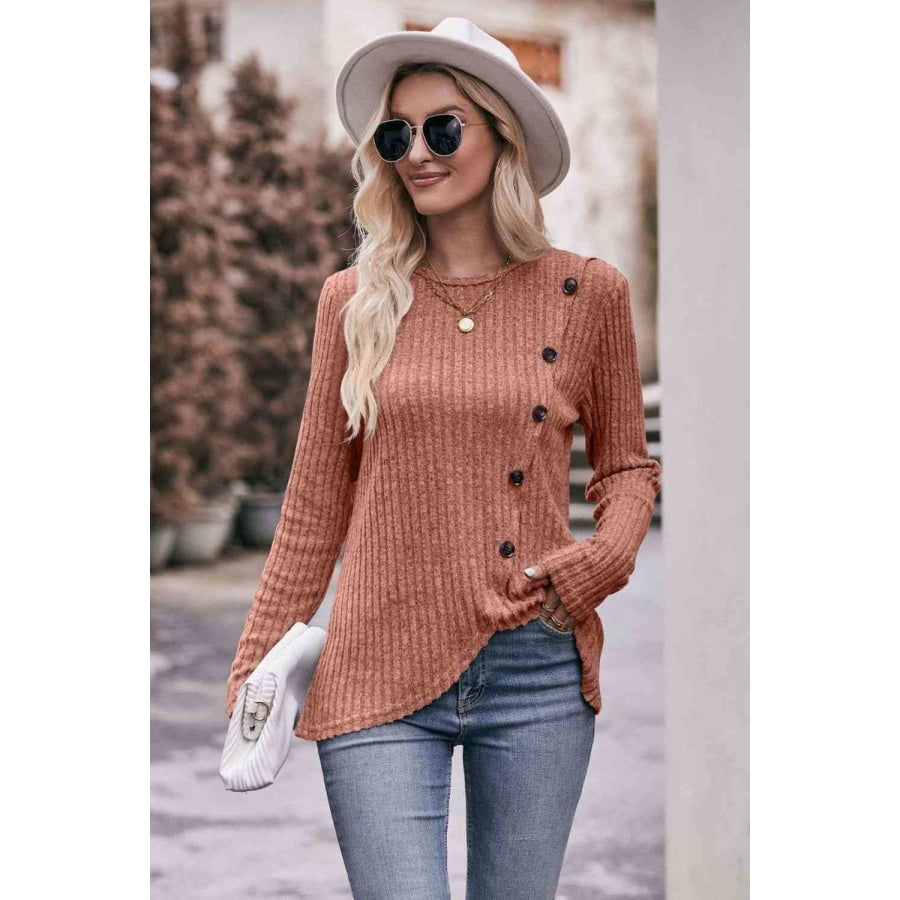 Double Take Ribbed Round Neck Buttoned Long Sleeve Tee Burnt Coral / S Shirts &amp; Tops