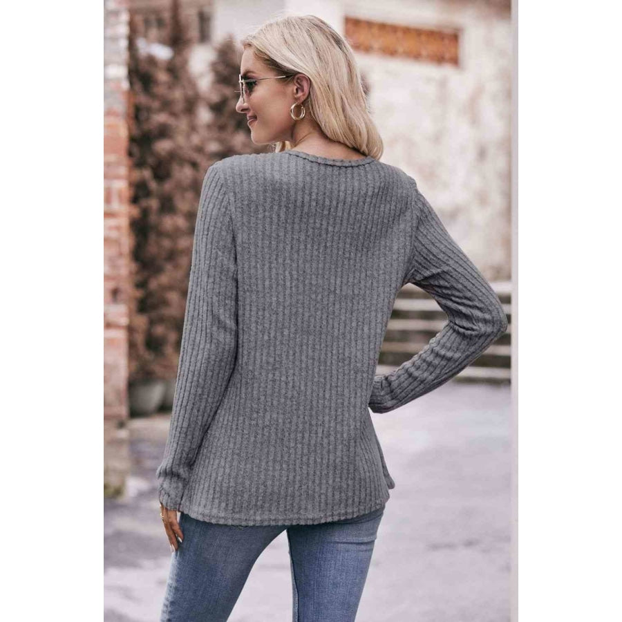 Double Take Ribbed Round Neck Buttoned Long Sleeve Tee Shirts &amp; Tops