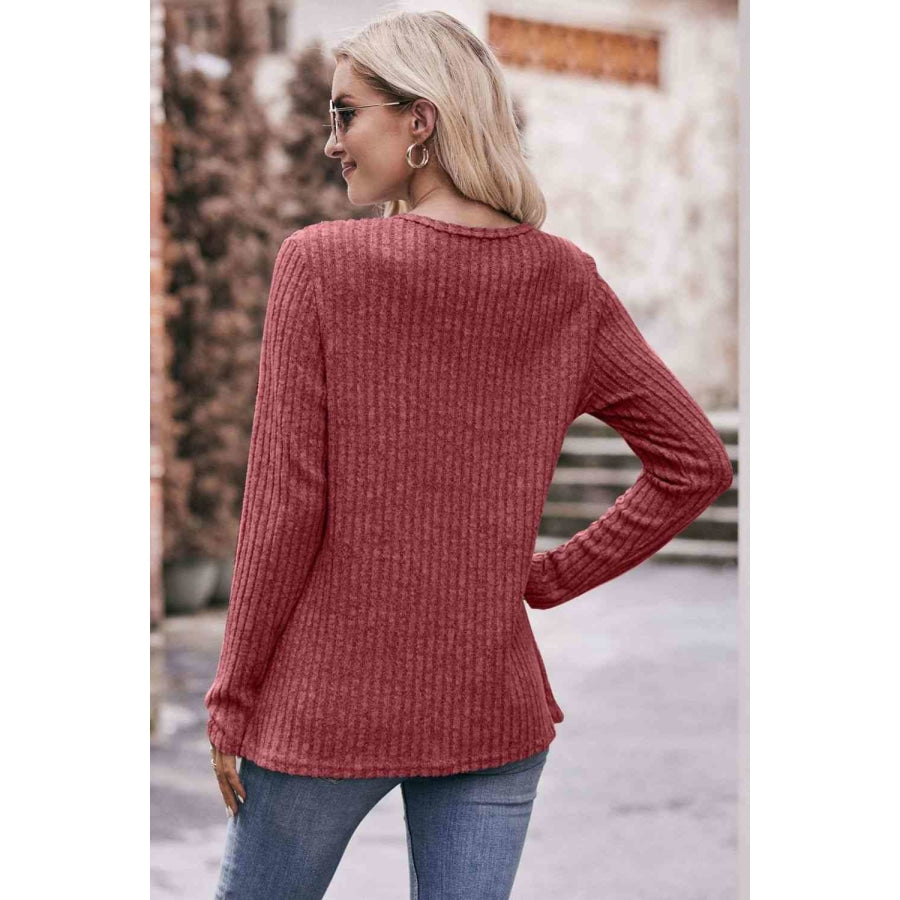 Double Take Ribbed Round Neck Buttoned Long Sleeve Tee Shirts &amp; Tops