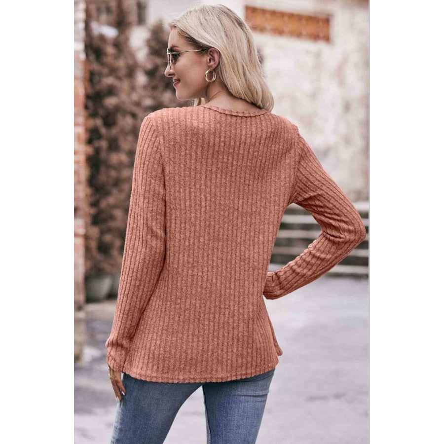 Double Take Ribbed Round Neck Buttoned Long Sleeve Tee Shirts &amp; Tops