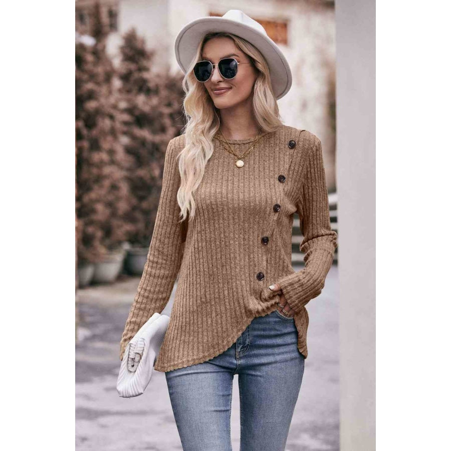 Double Take Ribbed Round Neck Buttoned Long Sleeve Tee Shirts &amp; Tops