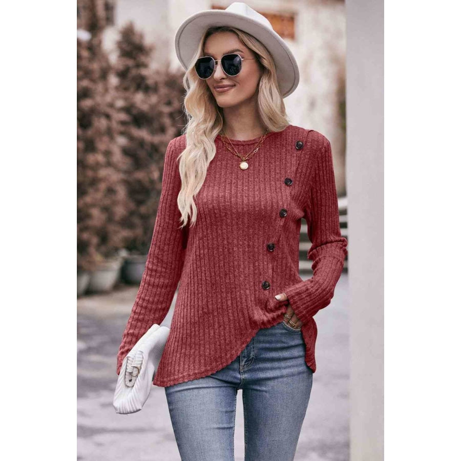 Double Take Ribbed Round Neck Buttoned Long Sleeve Tee Wine / S Shirts &amp; Tops