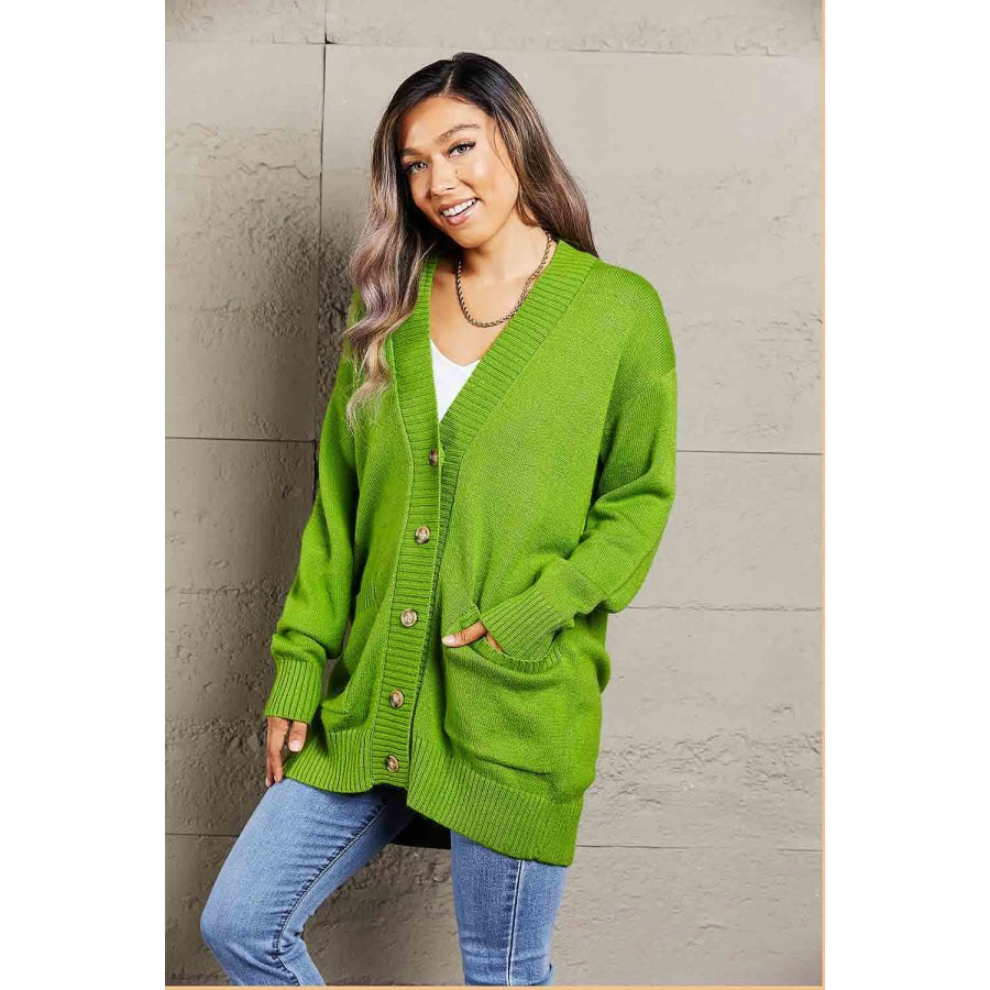 Double Take Ribbed Trim Dropped Shoulder Pocketed Cardigan Apparel and Accessories