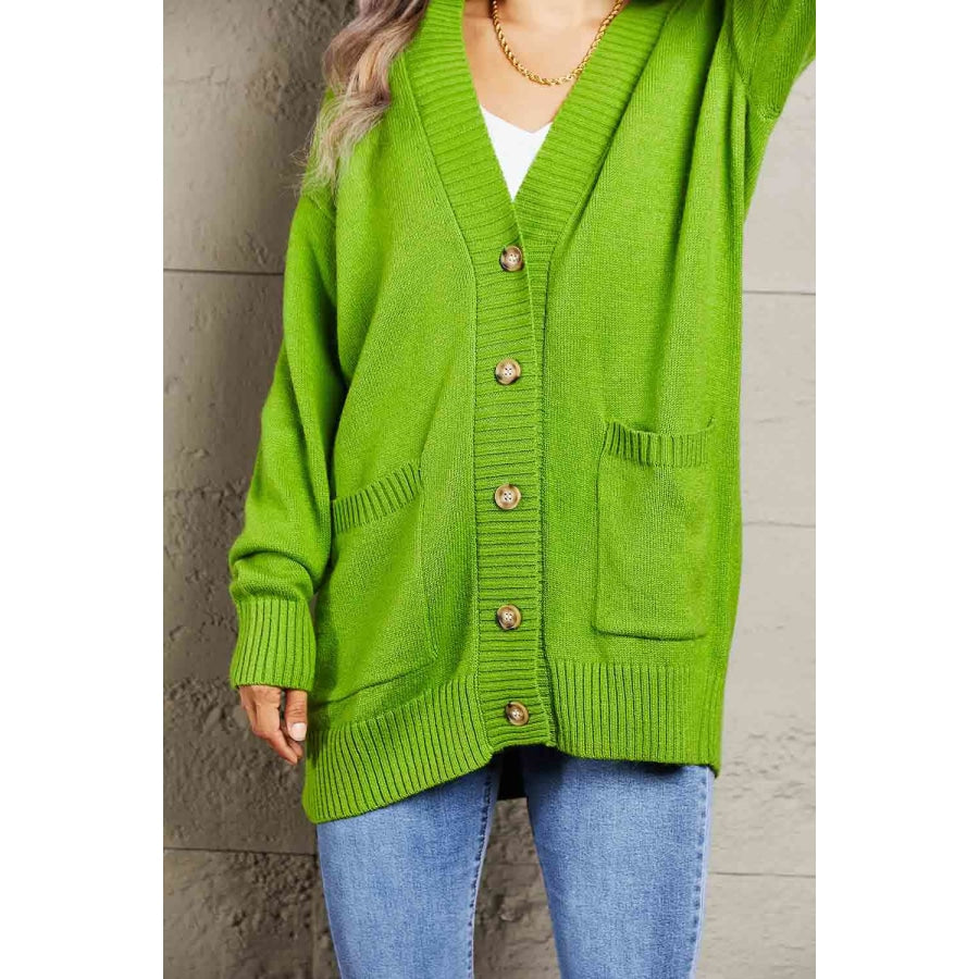 Double Take Ribbed Trim Dropped Shoulder Pocketed Cardigan Apparel and Accessories