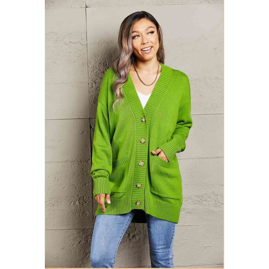 Double Take Ribbed Trim Dropped Shoulder Pocketed Cardigan Green / S Apparel and Accessories