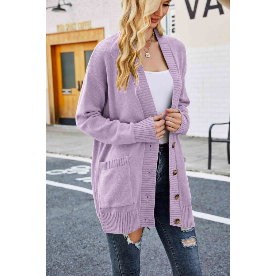 Double Take Ribbed Trim Dropped Shoulder Pocketed Cardigan Purple / S Apparel and Accessories
