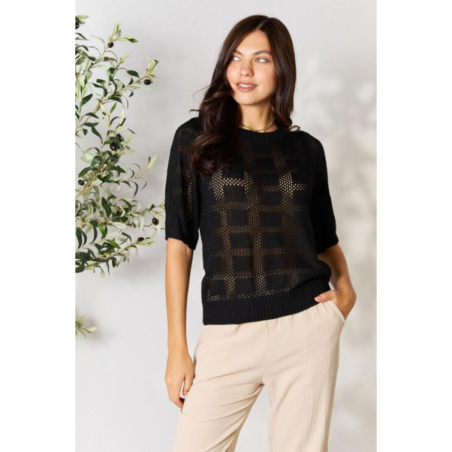 Double Take Ribbed Trim Round Neck Knit Top Black / S Apparel and Accessories