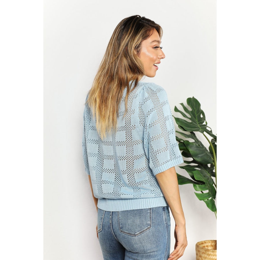 Double Take Ribbed Trim Round Neck Knit Top Pastel Blue / S