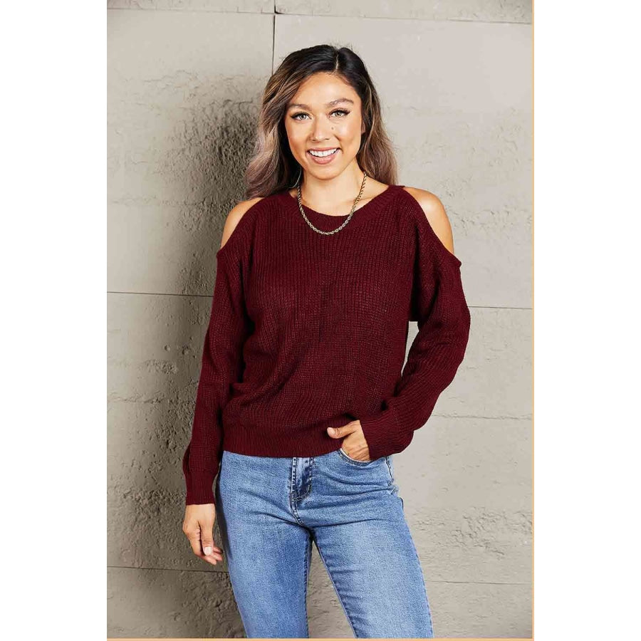 Double Take Round Neck Cold-Shoulder Ribbed Sweater Brick Red / One Size Shirts & Tops