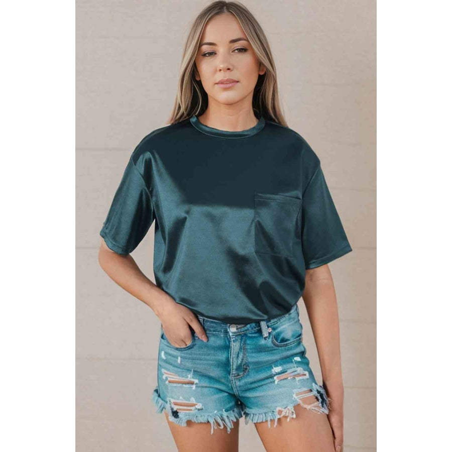 Double Take Round Neck Dropped Shoulder Top Black Forest / S Shirts &amp; Tops