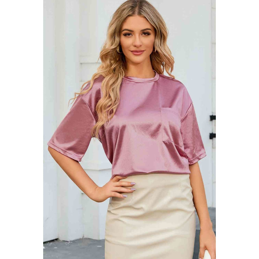 Double Take Round Neck Dropped Shoulder Top Dusty Pink / S Shirts &amp; Tops