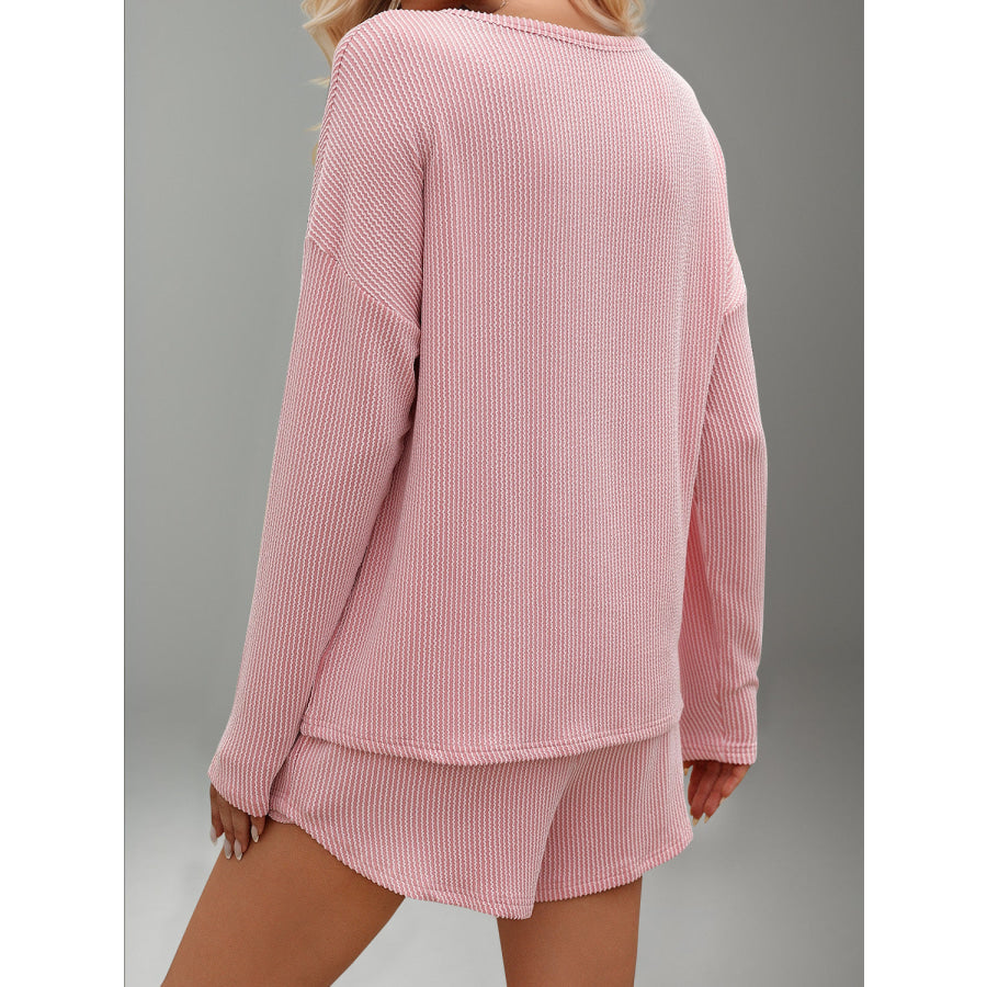 Double Take Round Neck Long Sleeve Top and Shorts Set Blush Pink / S Apparel and Accessories