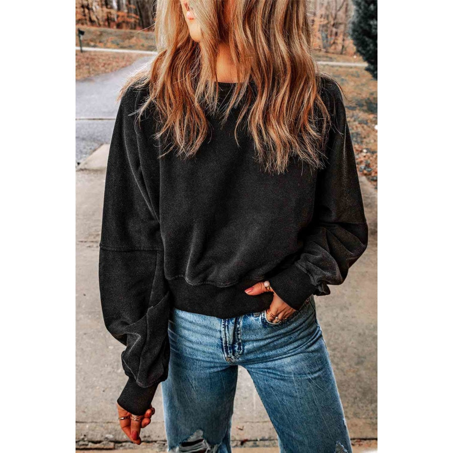 Double Take Round Neck Open Back Sweatshirt Black / S Sweatshirt