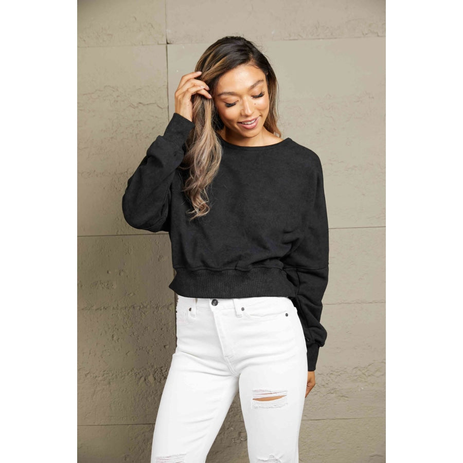 Double Take Round Neck Open Back Sweatshirt Sweatshirt