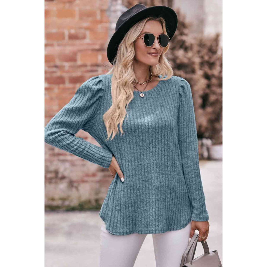 Double Take Round Neck Puff Sleeve Ribbed Top Apparel and Accessories