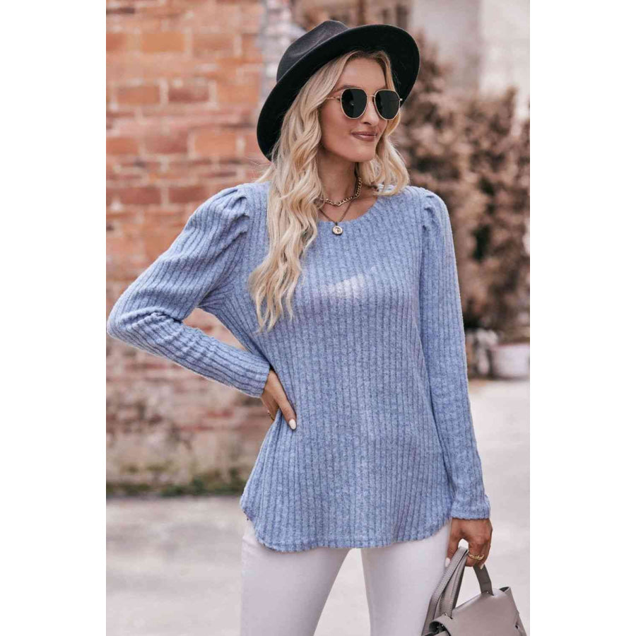 Double Take Round Neck Puff Sleeve Ribbed Top Apparel and Accessories