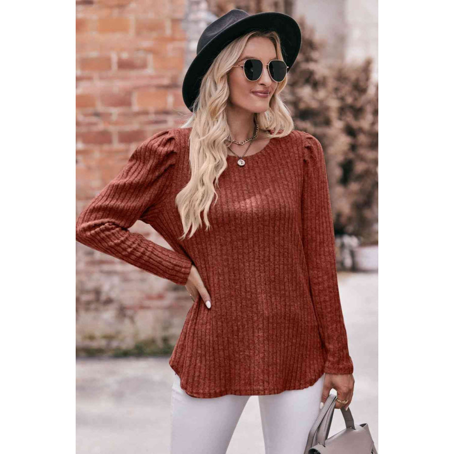 Double Take Round Neck Puff Sleeve Ribbed Top Apparel and Accessories