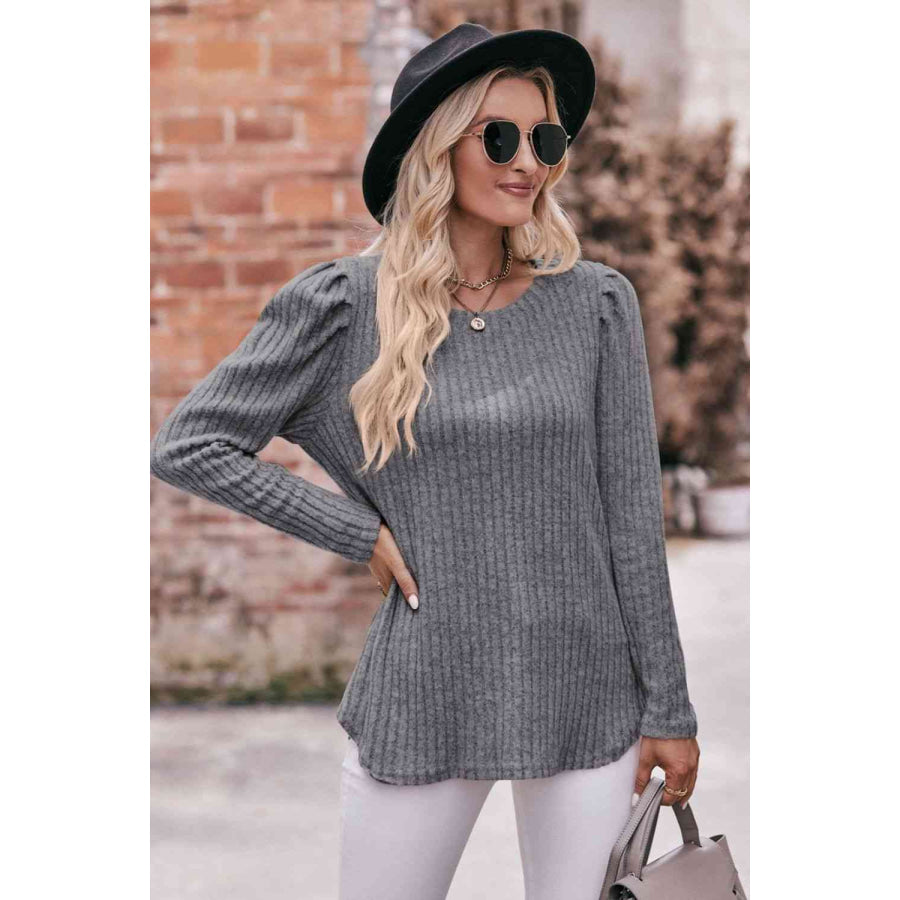 Double Take Round Neck Puff Sleeve Ribbed Top Apparel and Accessories