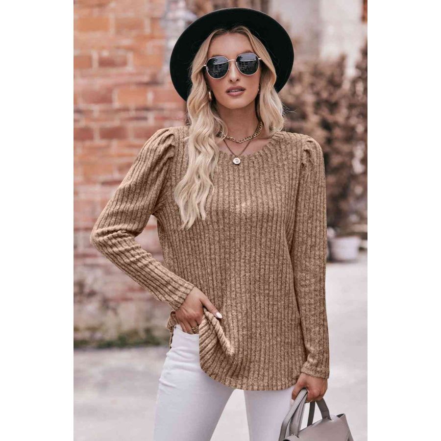 Double Take Round Neck Puff Sleeve Ribbed Top Apparel and Accessories