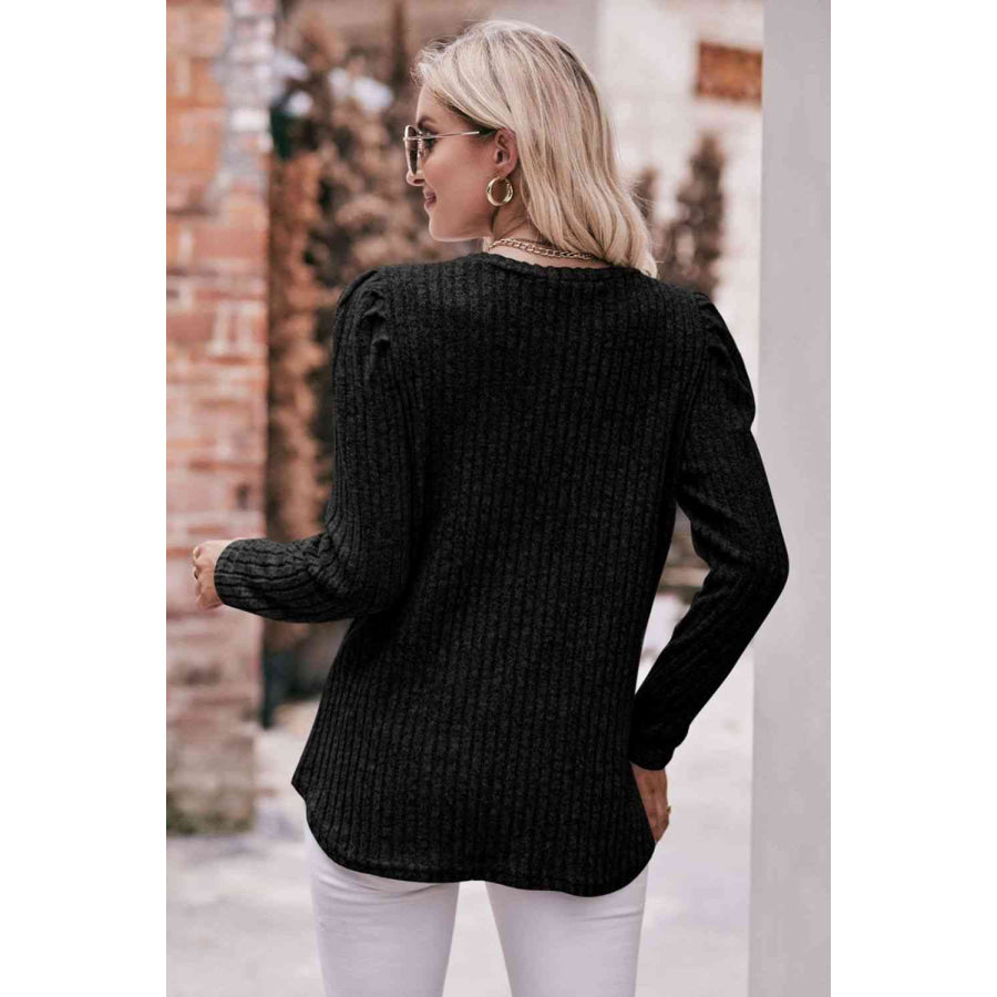 Double Take Round Neck Puff Sleeve Ribbed Top Apparel and Accessories