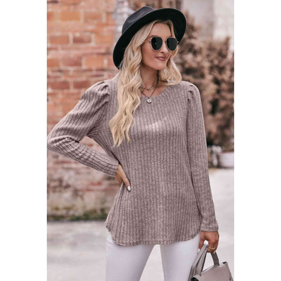 Double Take Round Neck Puff Sleeve Ribbed Top Apparel and Accessories