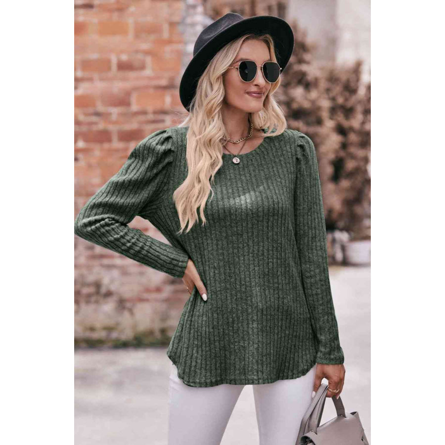 Double Take Round Neck Puff Sleeve Ribbed Top Apparel and Accessories