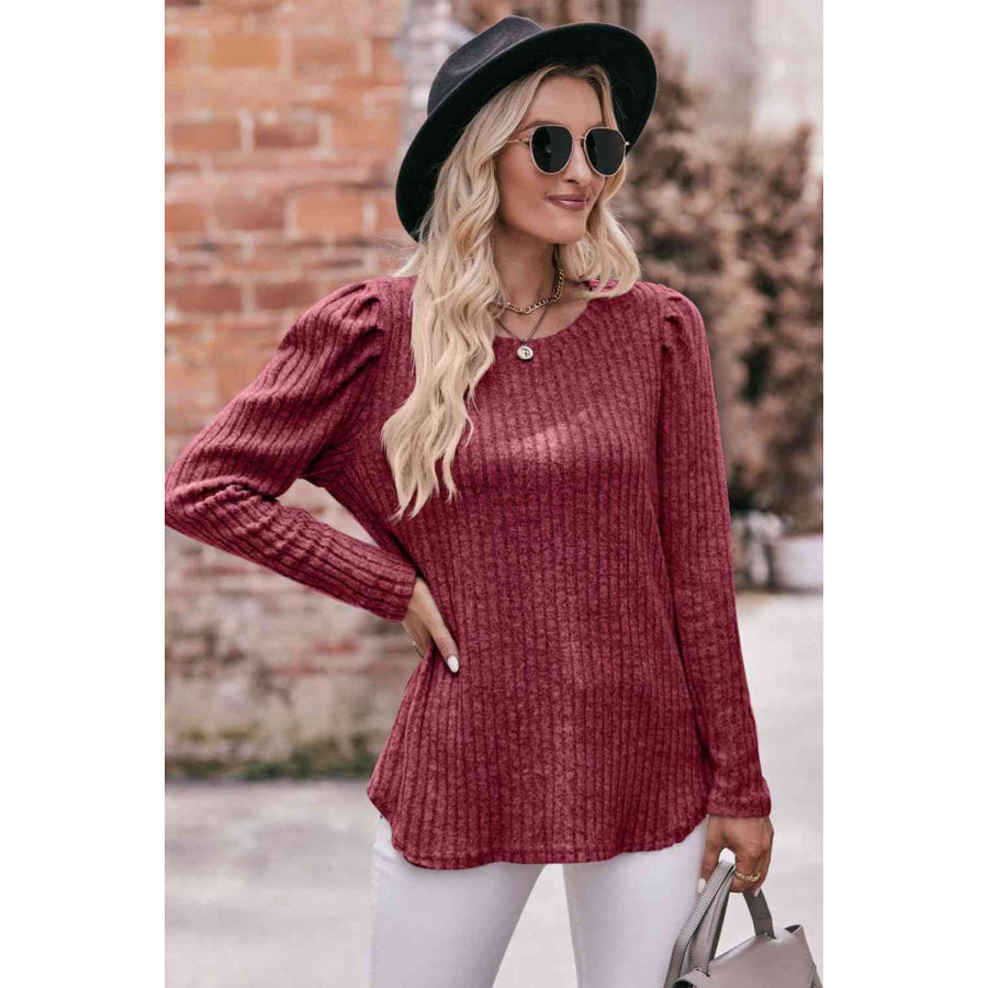 Double Take Round Neck Puff Sleeve Ribbed Top Apparel and Accessories