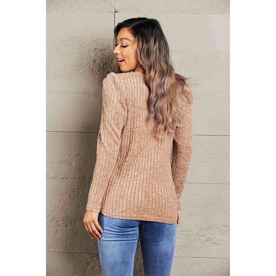 Double Take Round Neck Puff Sleeve Ribbed Top Tan / S Apparel and Accessories