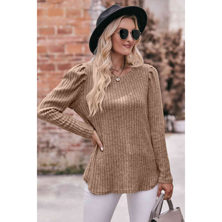 Double Take Round Neck Puff Sleeve Ribbed Top Apparel and Accessories