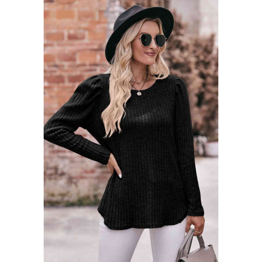 Double Take Round Neck Puff Sleeve Ribbed Top Apparel and Accessories