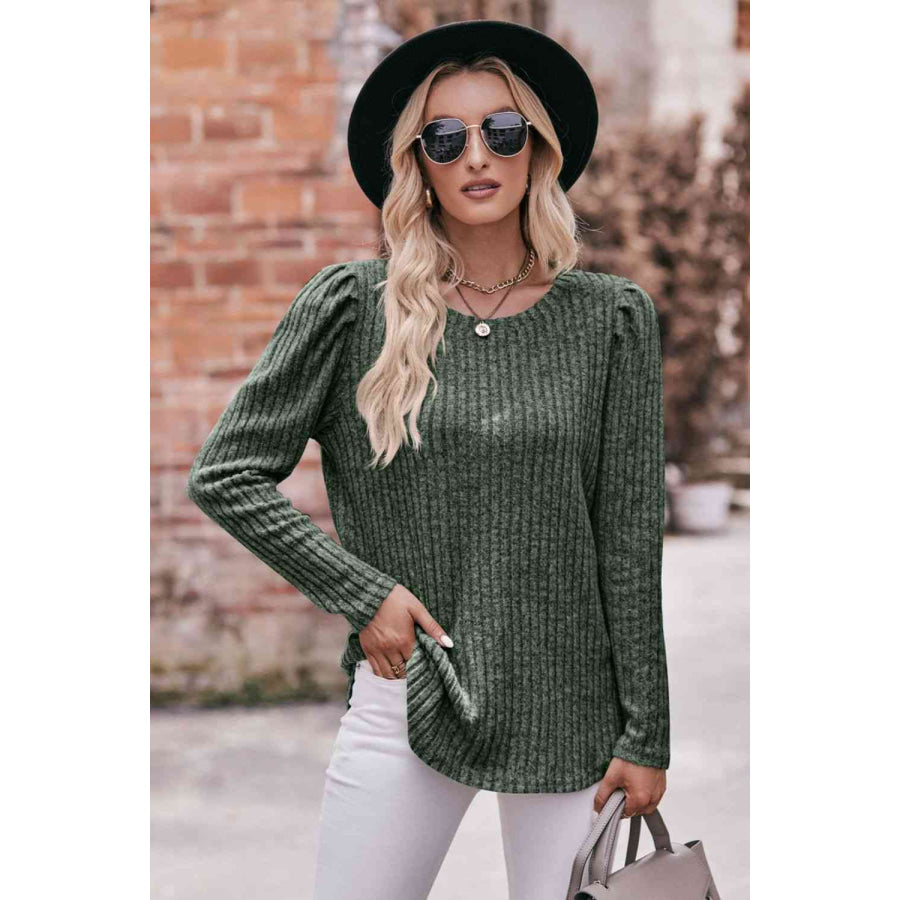 Double Take Round Neck Puff Sleeve Ribbed Top Army Green / S Apparel and Accessories